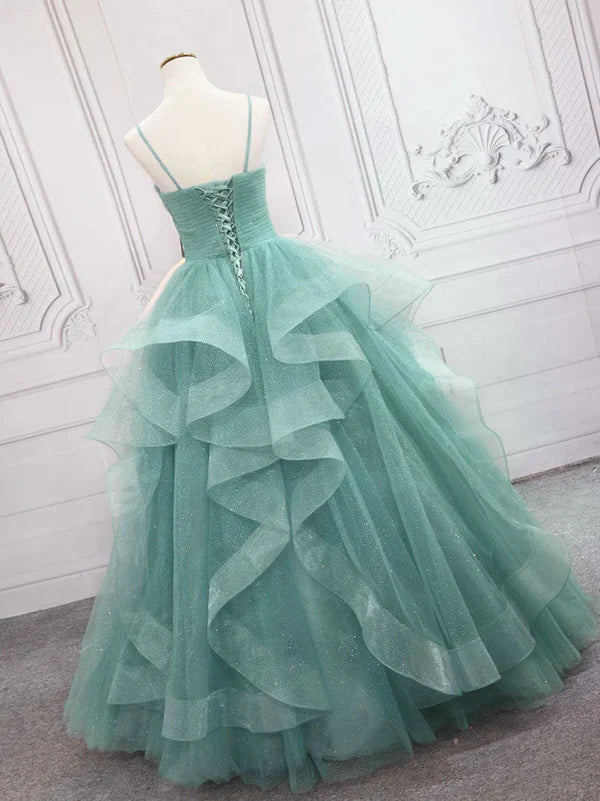 Sparkling Quinceanera Dress V Neck Tulle Long Prom Dress Green Sweet Dress Floor Length