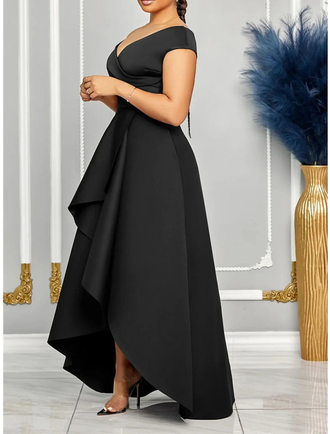 Women's Prom Dress Party Dress Wedding Guest Dress Long Dress Maxi Dress Black White Red Short Sleeve Plain Ruffle V Neck Elegant Evening Party Vacation