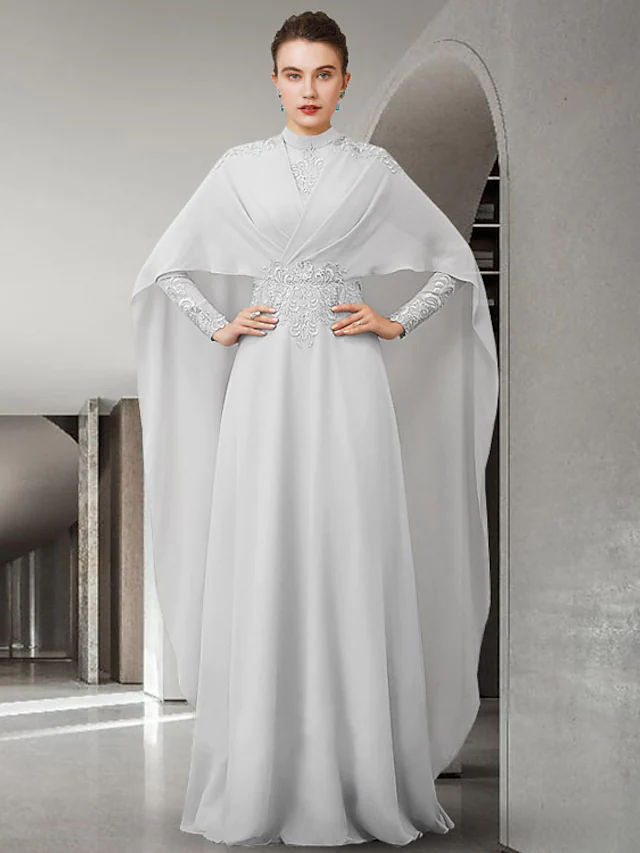 A-Line Mother of the Bride Dress Elegant High Neck Chiffon Lace Long Sleeve with Pleats
