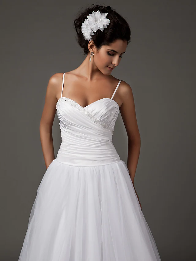 A-Line Wedding Dresses Sweetheart Neckline Spaghetti Strap Floor Length Taffeta Tulle Sleeveless Long