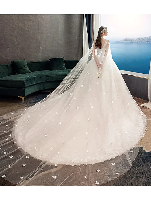 Princess Ball Gown Wedding Dresses Jewel Neck Chapel Train Lace Tulle Sleeveless Formal Luxurious
