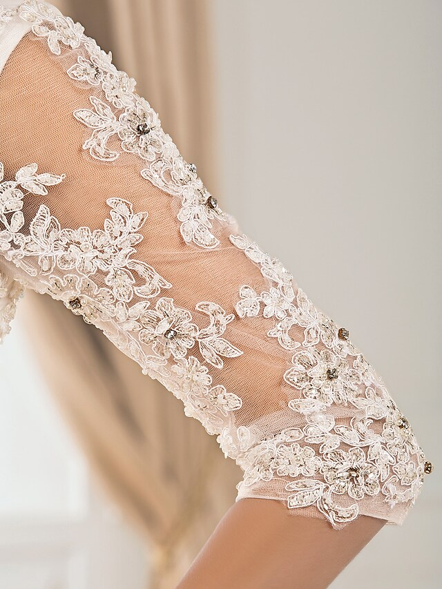 Ball Gown Wedding Dresses V Neck Chapel Train Taffeta Half Sleeve See-Through with Ruched Beading