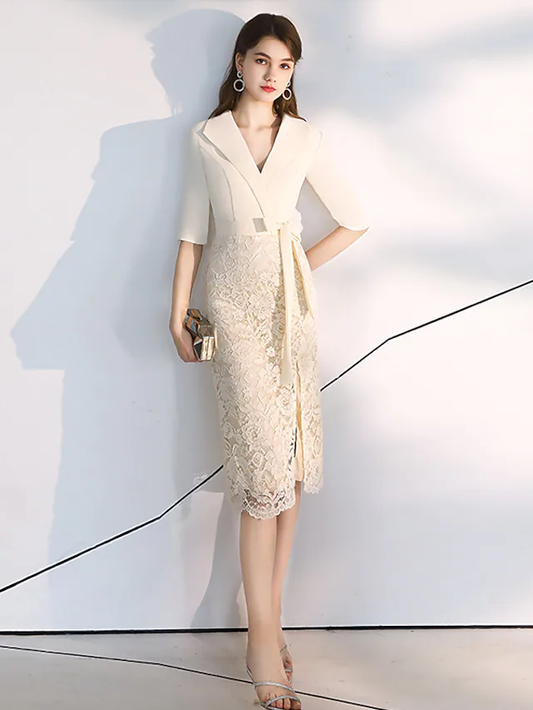 Elegant bodycon Homecoming Cocktail Party Dress V Neck Half Sleeve Knee Length Lace Stretch Fabric with Sash
