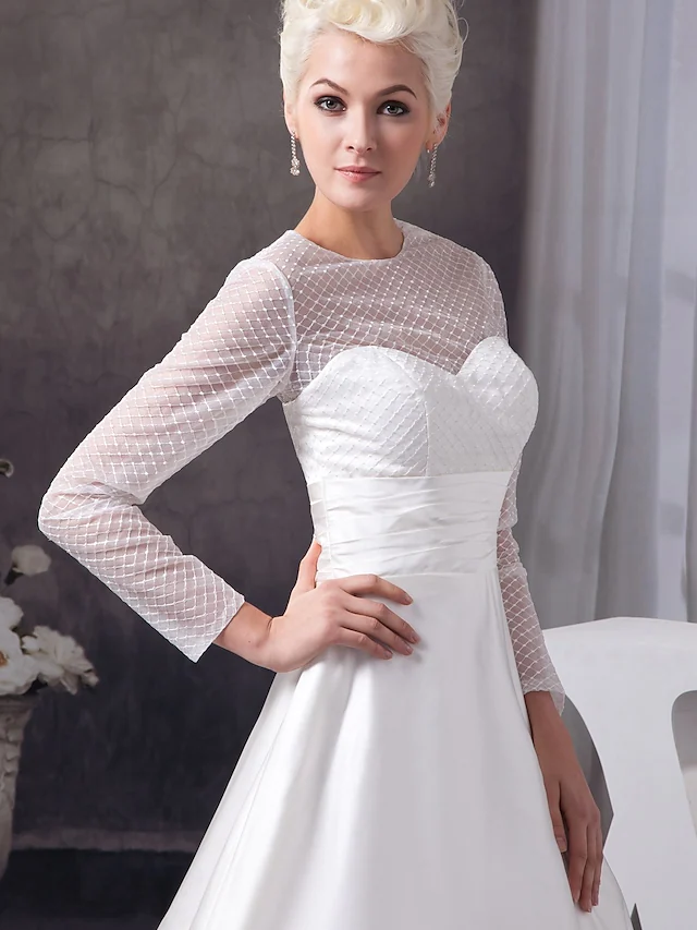A-Line Wedding Dresses Jewel Neck Court Train Satin Tulle Length Sleeve Illusion Sleeve with