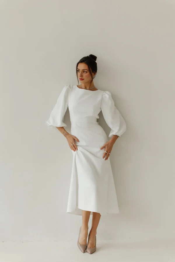 Sky Blue Women's Event Dress Puffy Short Sleeves Open Back Midi Dress A-line Wedding Guest Dress Party Dress