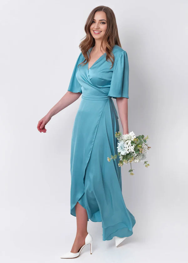 Blue A-Line Silk Dress Wrap Dress Bridesmaid Dress Wedding Guest Dress Party Dress