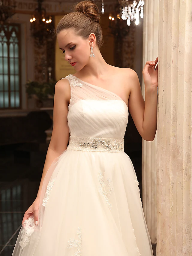 Princess A-Line Wedding Dresses One Shoulder Court Train Satin Tulle Sleeveless Long