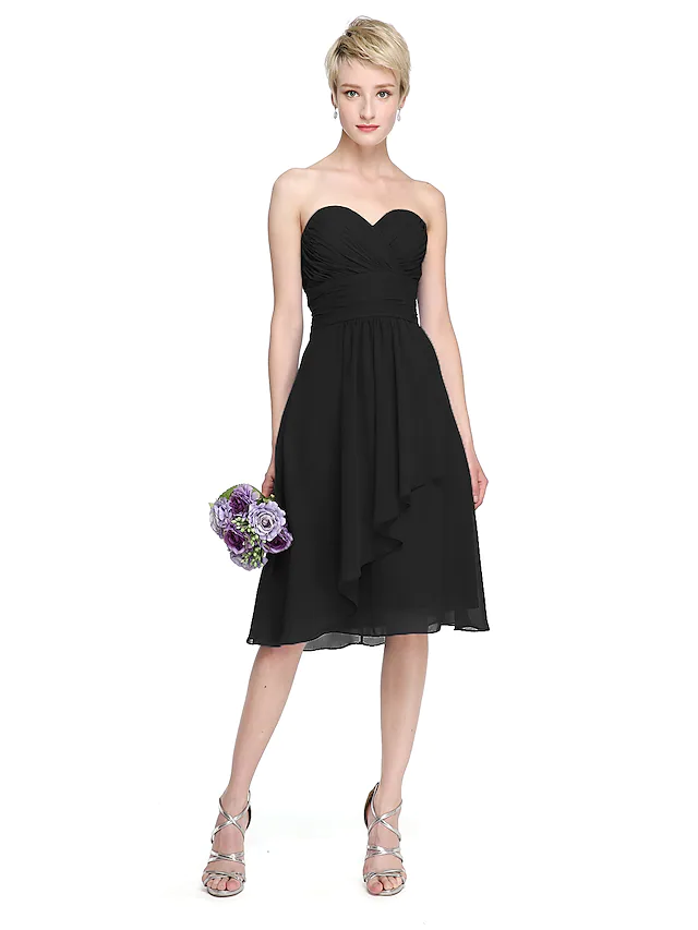 A-Line Sweetheart Neckline Knee Length Chiffon Bridesmaid Dress with Criss Cross Ruched Draping Open Back Pure Color