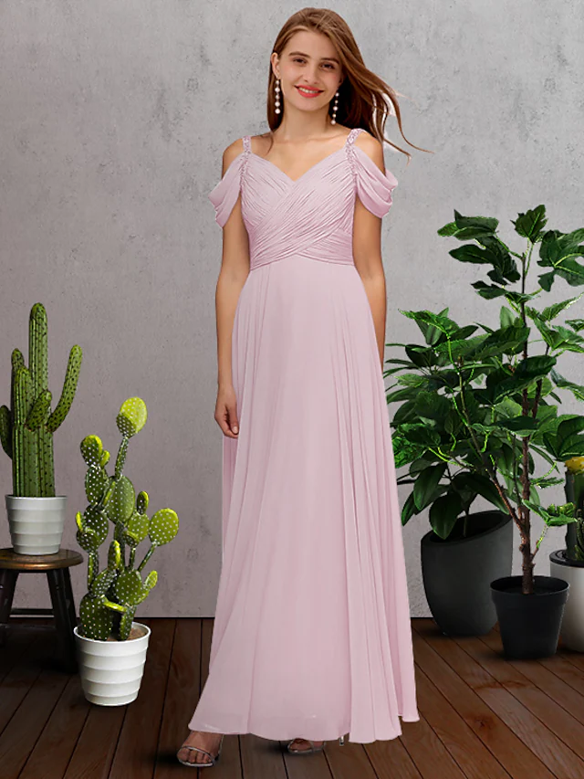 A-Line V Neck Spaghetti Strap Floor Length Chiffon Bridesmaid Dress with Pleats Ruching Pure Color