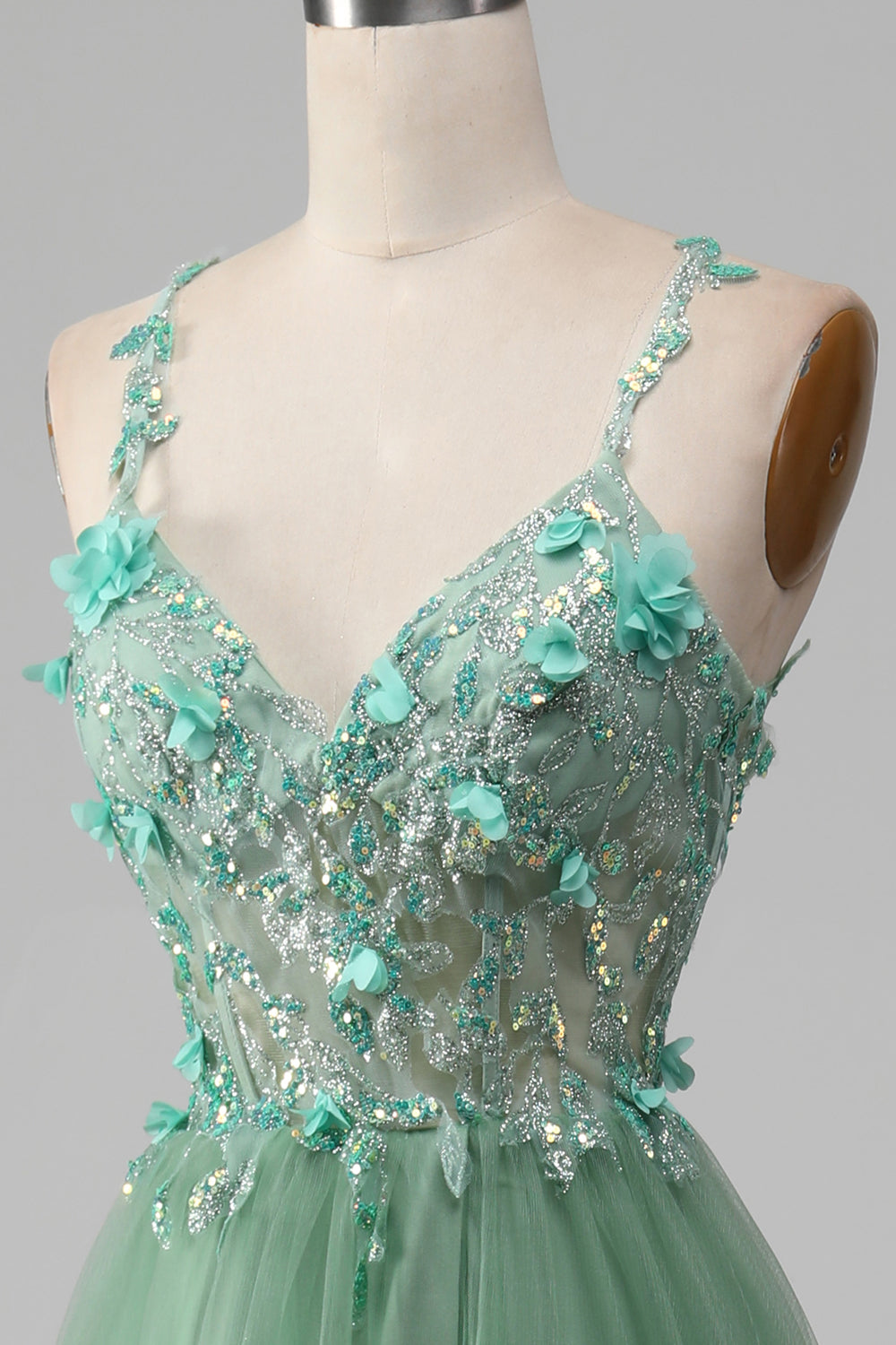 Sparkly Green A-Line Spaghetti Straps Corset Prom Dress With Appliques Beautiful With Slit