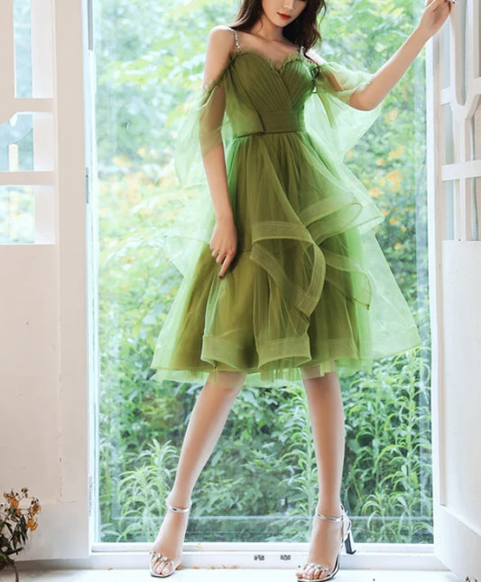 Beautiful Green Beaded Straps Short Formal Dresses Evening Dress A Line Homecoming Dress