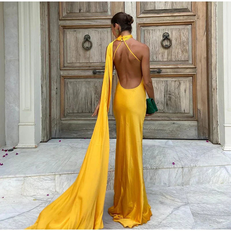 Yellow Halter Backless Mermaid Satin Long Formal Dress Evening Gown Elegant Party Dress