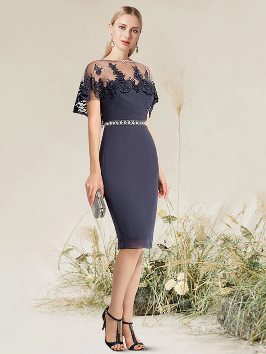 Convertible Elegant Wedding Guest Cocktail Party Dress Strapless Short Sleeve Knee Length Lace with Lace Insert