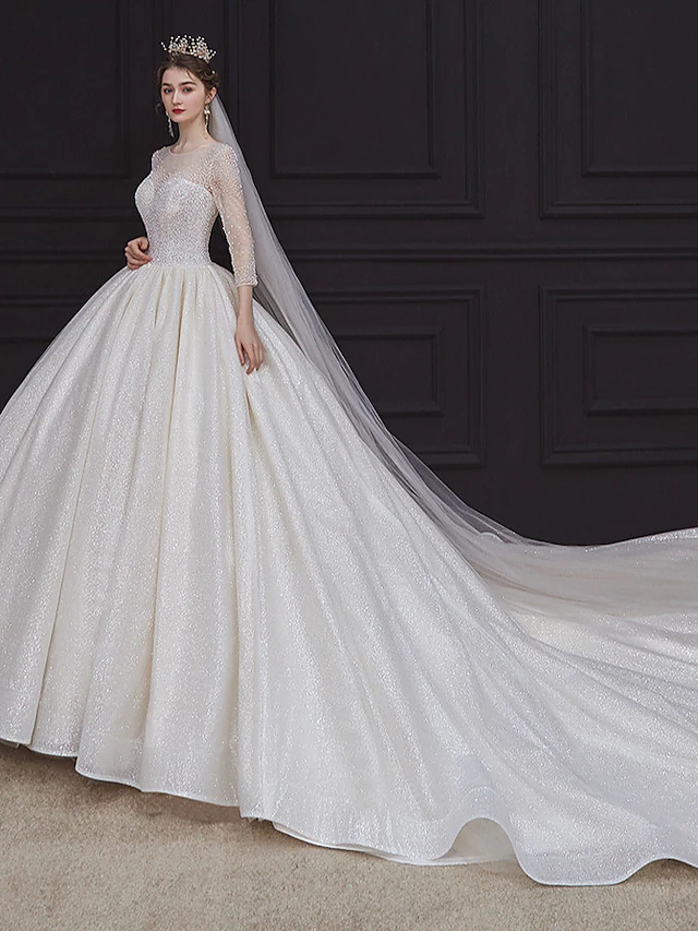 Princess Ball Gown Wedding Dresses Jewel Neck Chapel Train Lace Tulle Sequined Long Sleeve Formal Romantic Luxurious Sparkle & Shine