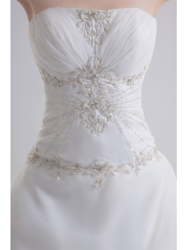 A-Line Wedding Dresses Strapless Court Train Organza Satin Strapless with Pick Up Skirt Ruched