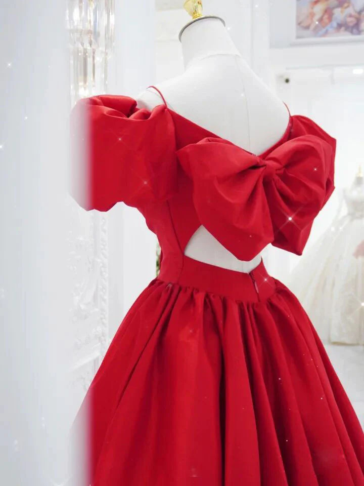 Red v neck satin long prom dress evening dress A Line Formal Dress With Bow(s) december wedding guest dress
