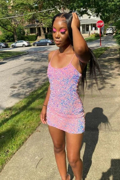 Shiny Pink Spaghetti Straps Sheath Homecoming Dress Sexy Party Dress