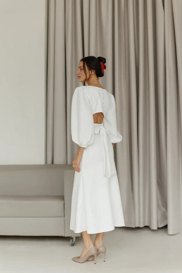Sky Blue Women's Event Dress Puffy Short Sleeves Open Back Midi Dress A-line Wedding Guest Dress Party Dress