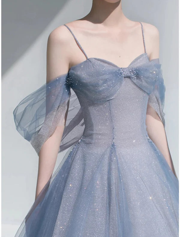 Ball Gown Party Dresses Glittering Dress Wedding Guest Prom Floor Length Sleeveless Off Shoulder Tulle with Glitter Beautiful