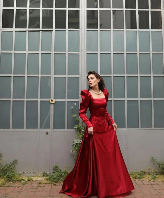 Xiaopinwu Square Neck Long A Line Evening Gown Burgundy Long Sleeves Satin Formal Prom Party Dress
