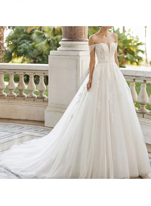 Off-The-Shoulder Ball-Gown Wedding Dresses With Short Sleeves Tulle Lace And Appliques Elegant