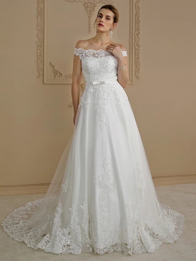 Ball Gown Wedding Dresses Off Shoulder Court Train Lace Tulle Cap Sleeve Country Glamorous See-Through Plus Size Backless with Sashes Ribbons Bow(s)