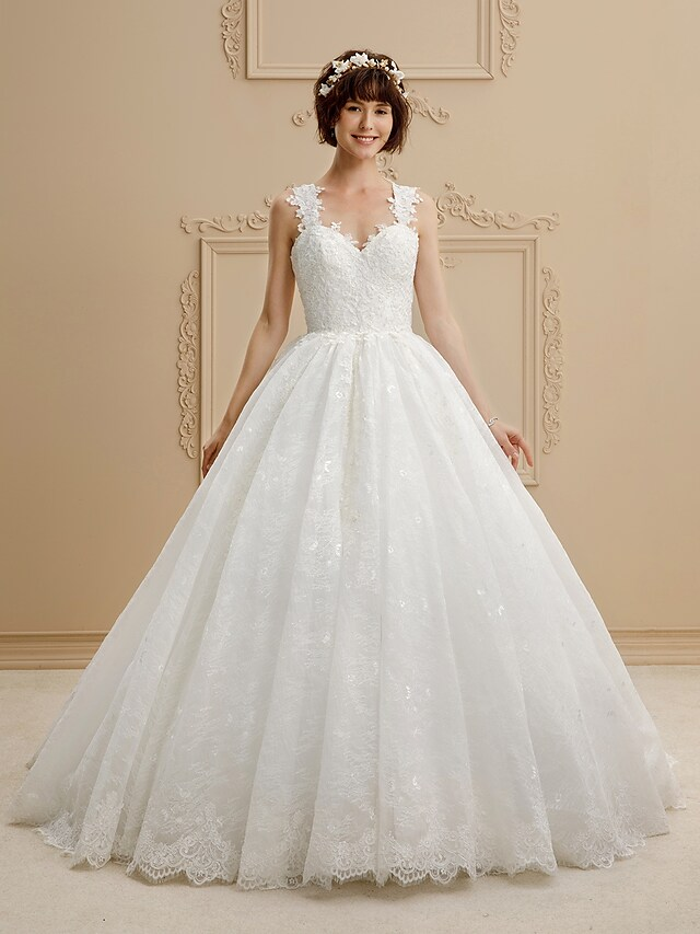Ball Gown Wedding Dresses Sweetheart Neckline Tulle All Over Lace Regular Straps Glamorous Illusion Detail