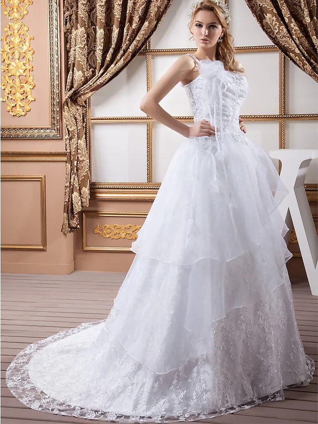 A-Line Wedding Dresses One Shoulder Court Train Lace Organza Satin Spaghetti Strap with Ruched Lace Insert Cascading