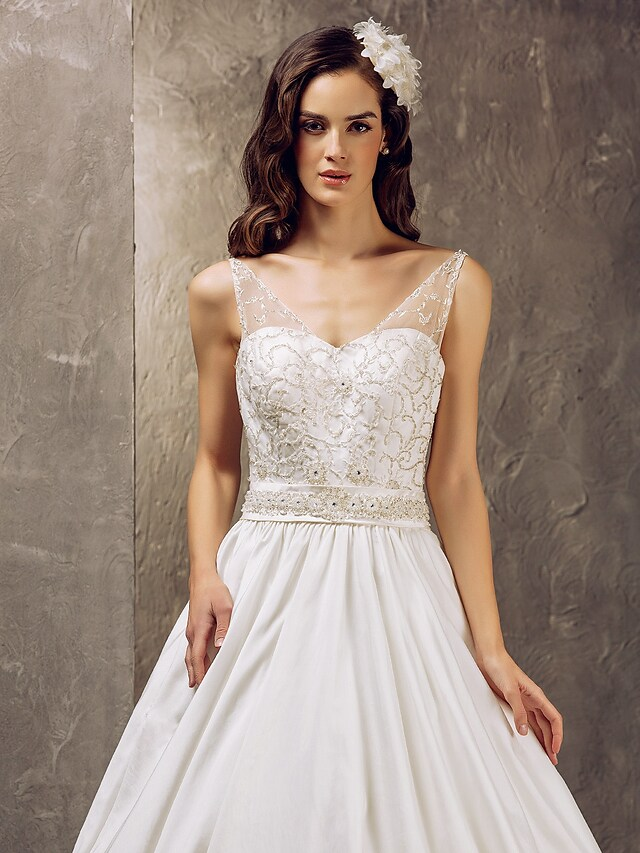 Princess A-Line Wedding Dresses V Neck Lace Taffeta Sleeveless Long