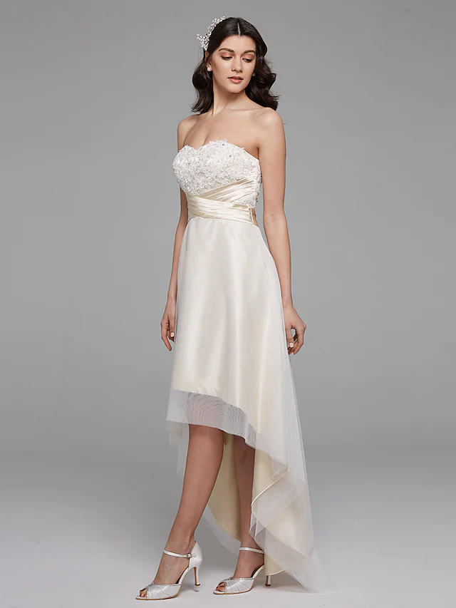 A-Line Wedding Dresses Sweetheart Neckline Asymmetrical Satin Floral Lace Strapless Simple Plus Size with Bowknot Sash Ribbon