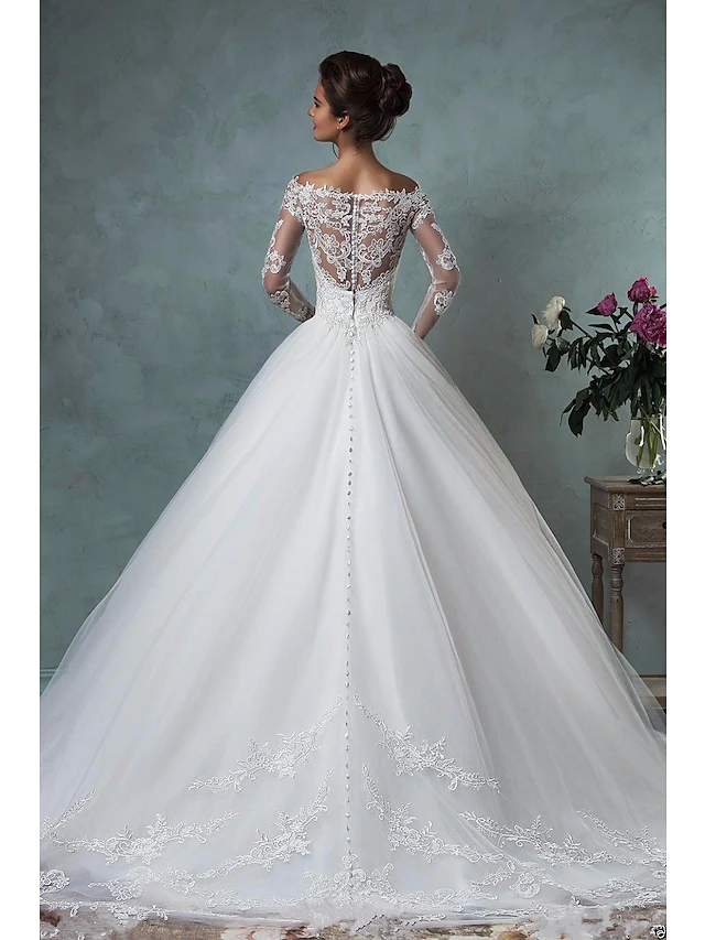 A-Line Wedding Dresses Off Shoulder Court Train Lace Tulle Long Sleeve Formal See-Through with Embroidery Beautiful