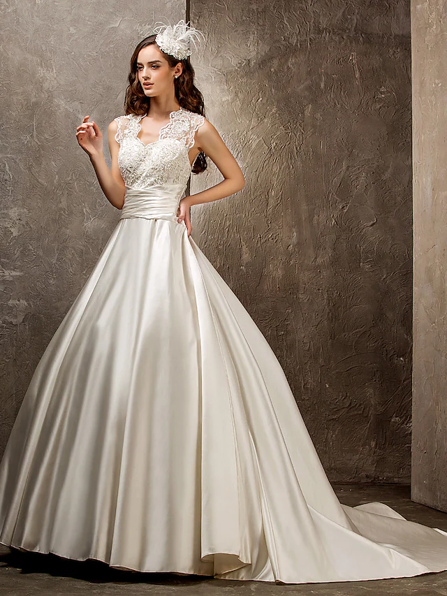 A-Line Wedding Dresses Queen Anne Lace Satin Sleeveless See-Through with Sash Ribbon Beading