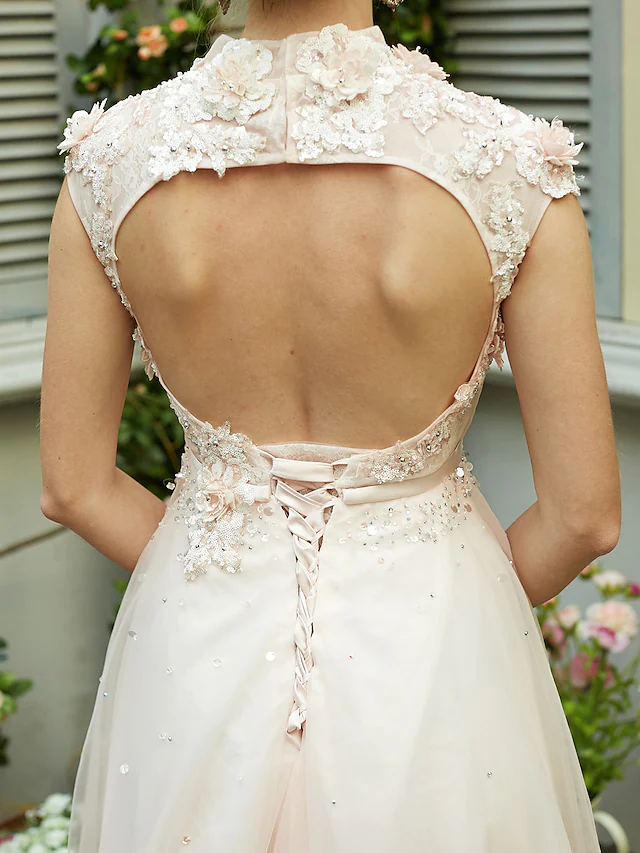 A-Line Wedding Dresses High Neck Sweep Brush Train Tulle Short Sleeve Open Back with Bowknot Sash Ribbon