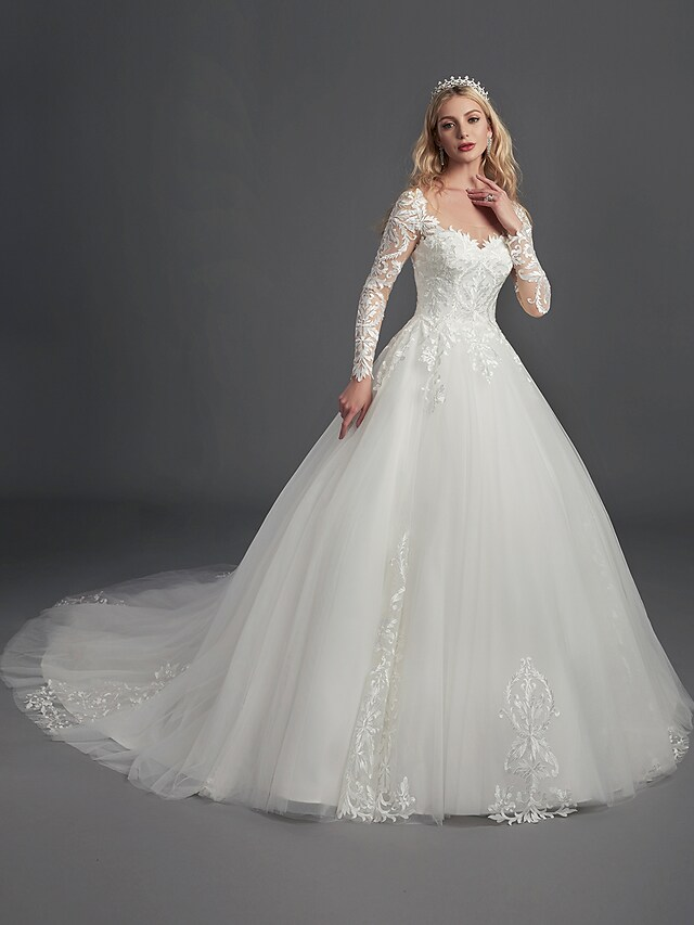 Ball Gown Wedding Dresses Illusion Neck Chapel Train Lace Tulle Long Sleeve Glamorous See-Through Illusion Detail with Buttons