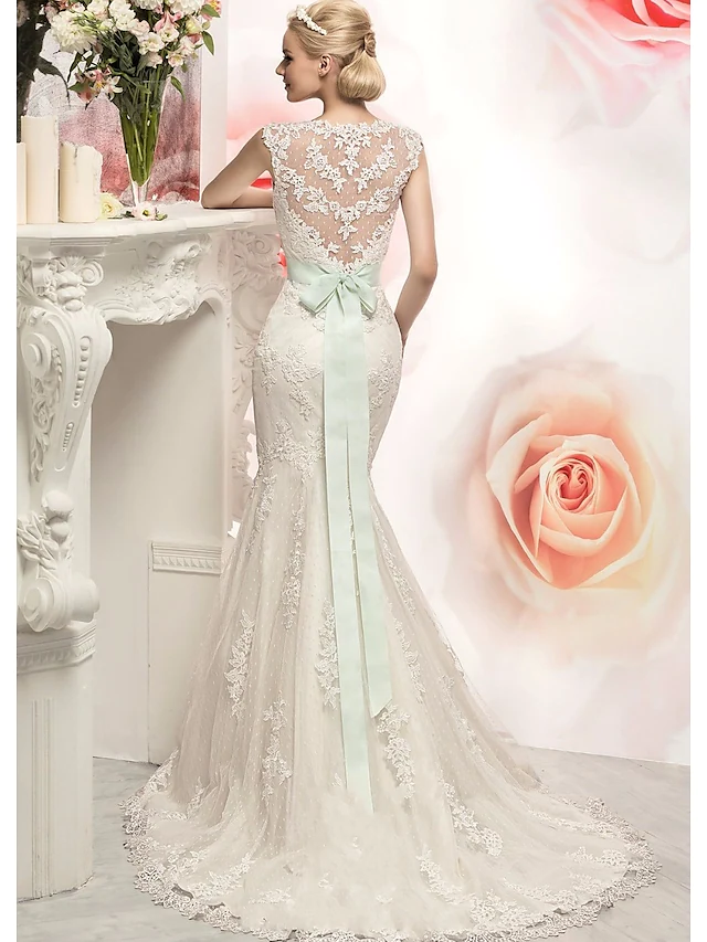 Mermaid Trumpet Wedding Dresses Jewel Neck Court Train Lace Tulle Cap Sleeve with