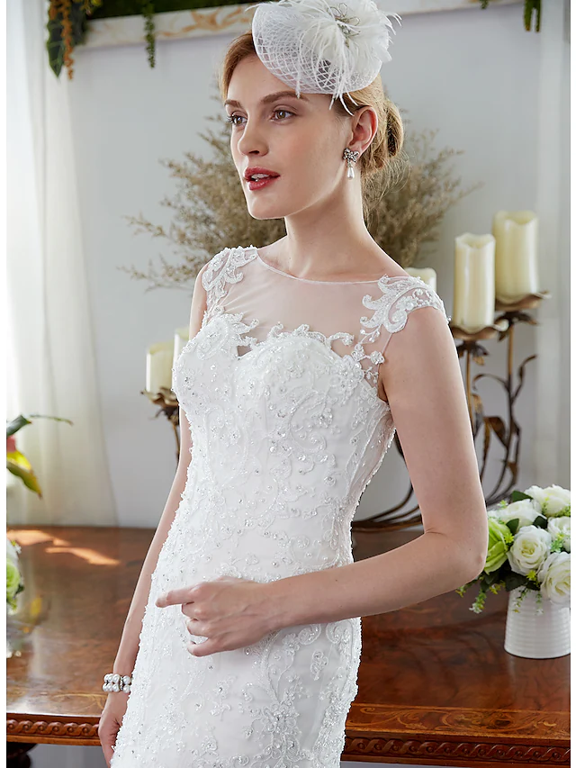 Wedding Dresses Illusion Neck Court Train Tulle Sleeveless Sparkle & Shine with Beading