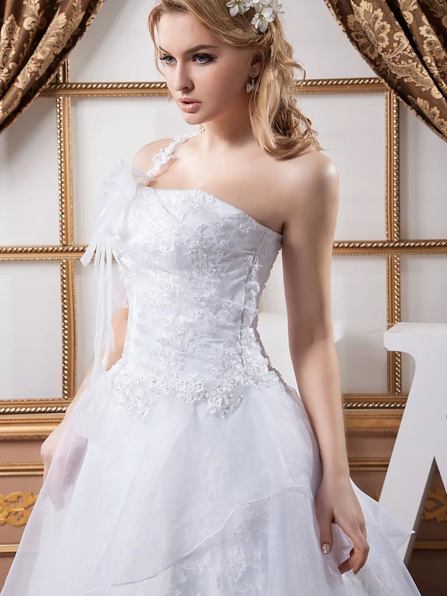 A-Line Wedding Dresses One Shoulder Court Train Lace Organza Satin Spaghetti Strap with Ruched Lace Insert Cascading