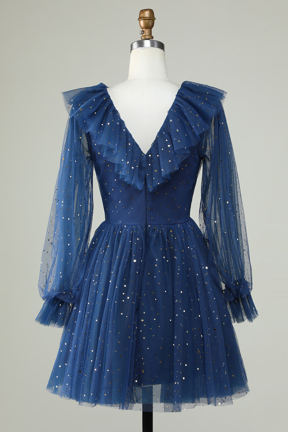 Long Sleeves A Line Navy Homecoming Dress With Ruffles V-neck