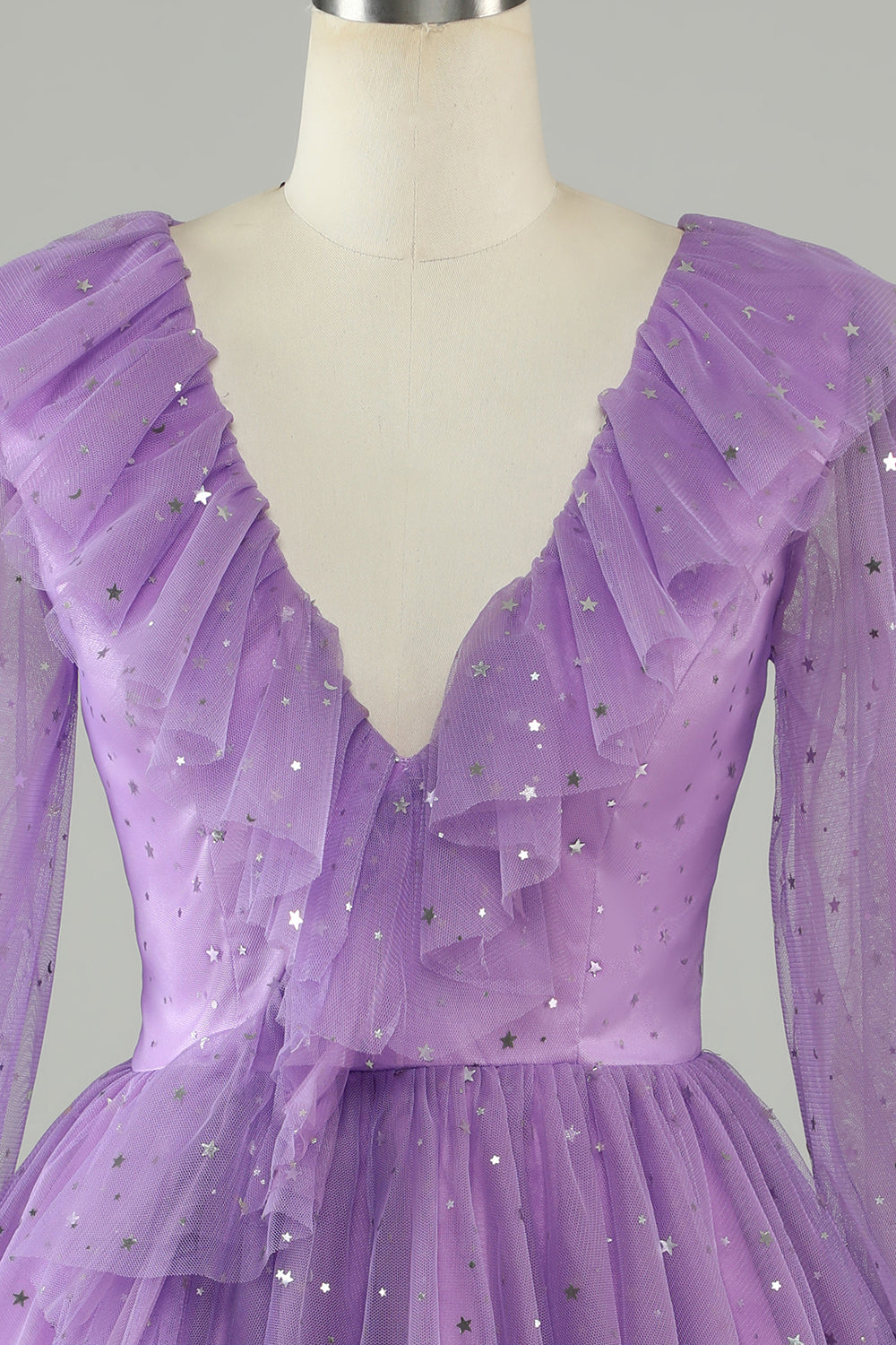Long Sleeves Purple Sparkly Homecoming Dress With Stars Sequins V-neck