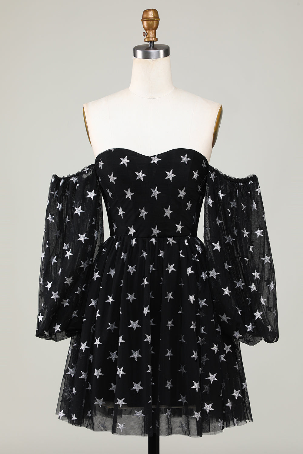 Off The Shoulder Black Stars A Line Homecoming Dress Short