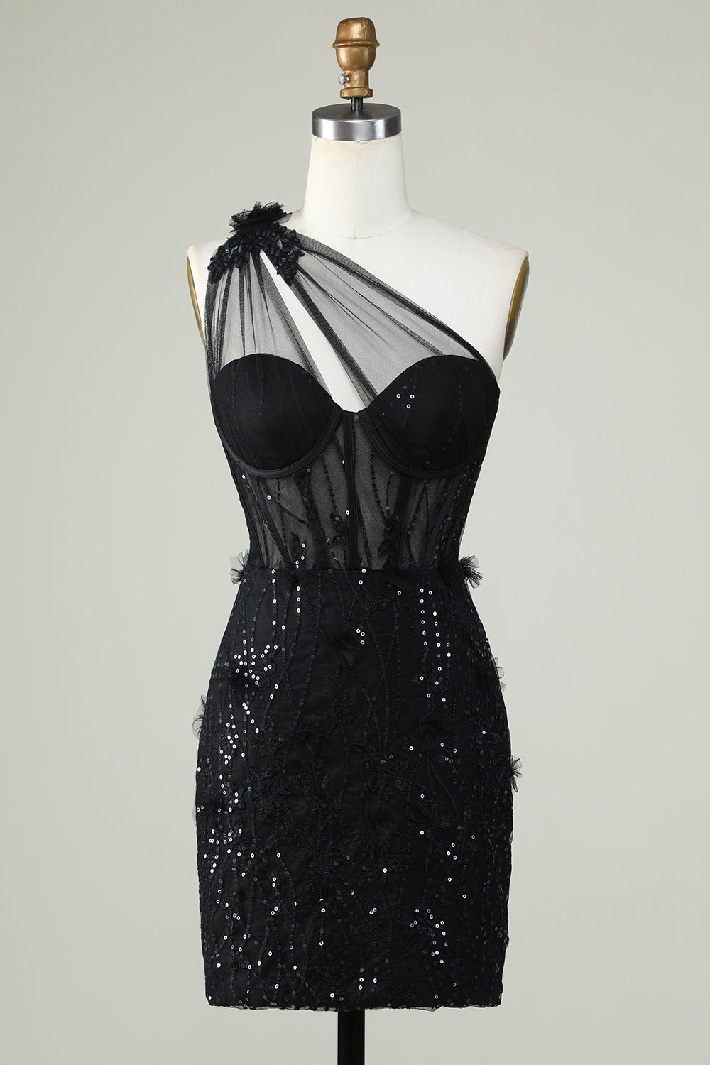 One Shoulder Black Corset Homecoming Dress With Sequins Sexy