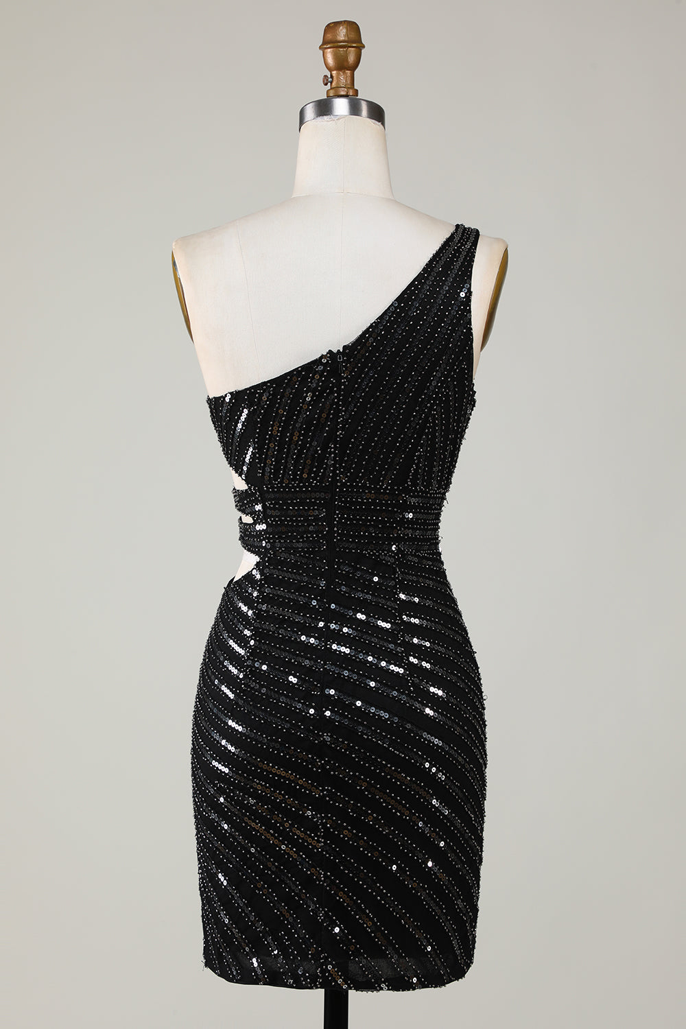 Sparkly Bodycon One Shoulder Black Sequins Short Homecoming Dress With Cut Out Sexy