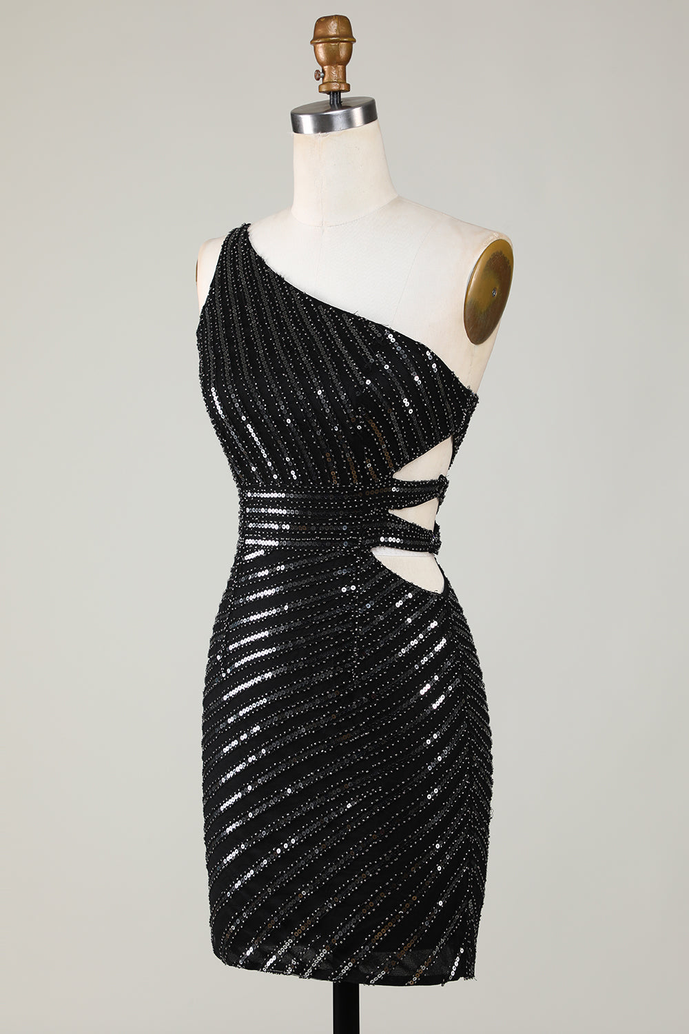 Sparkly Bodycon One Shoulder Black Sequins Short Homecoming Dress With Cut Out Sexy