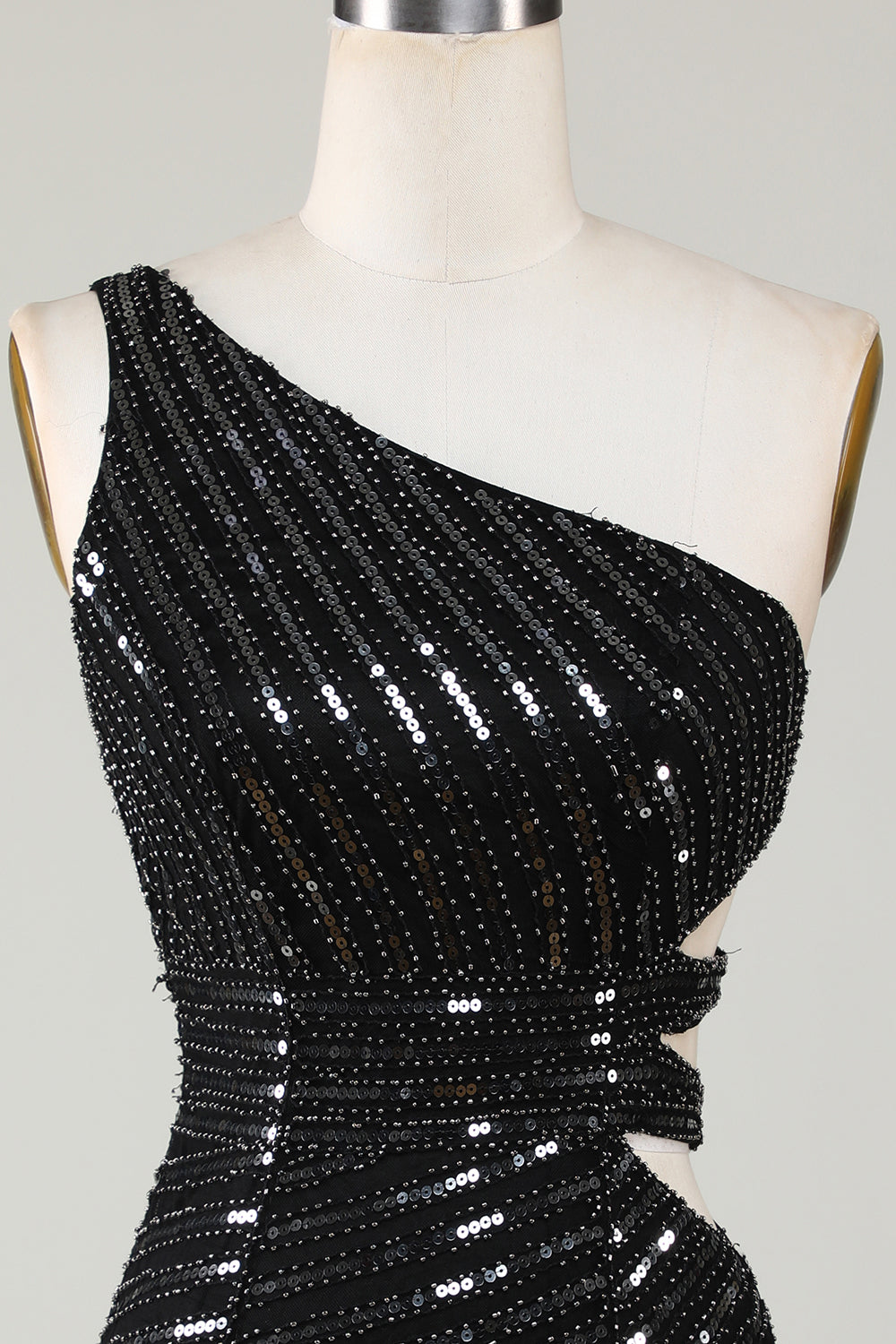 Sparkly Bodycon One Shoulder Black Sequins Short Homecoming Dress With Cut Out Sexy