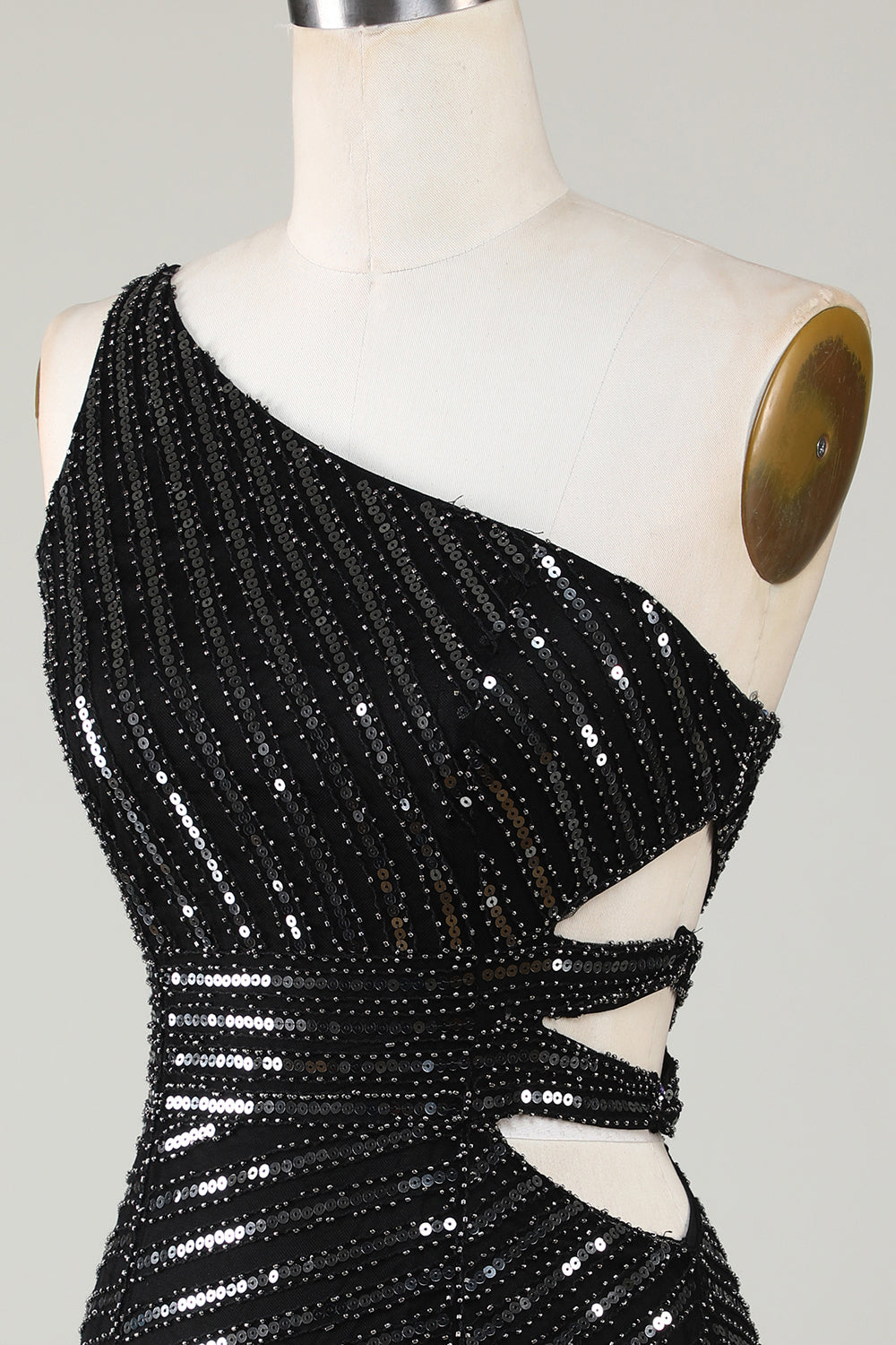 Sparkly Bodycon One Shoulder Black Sequins Short Homecoming Dress With Cut Out Sexy