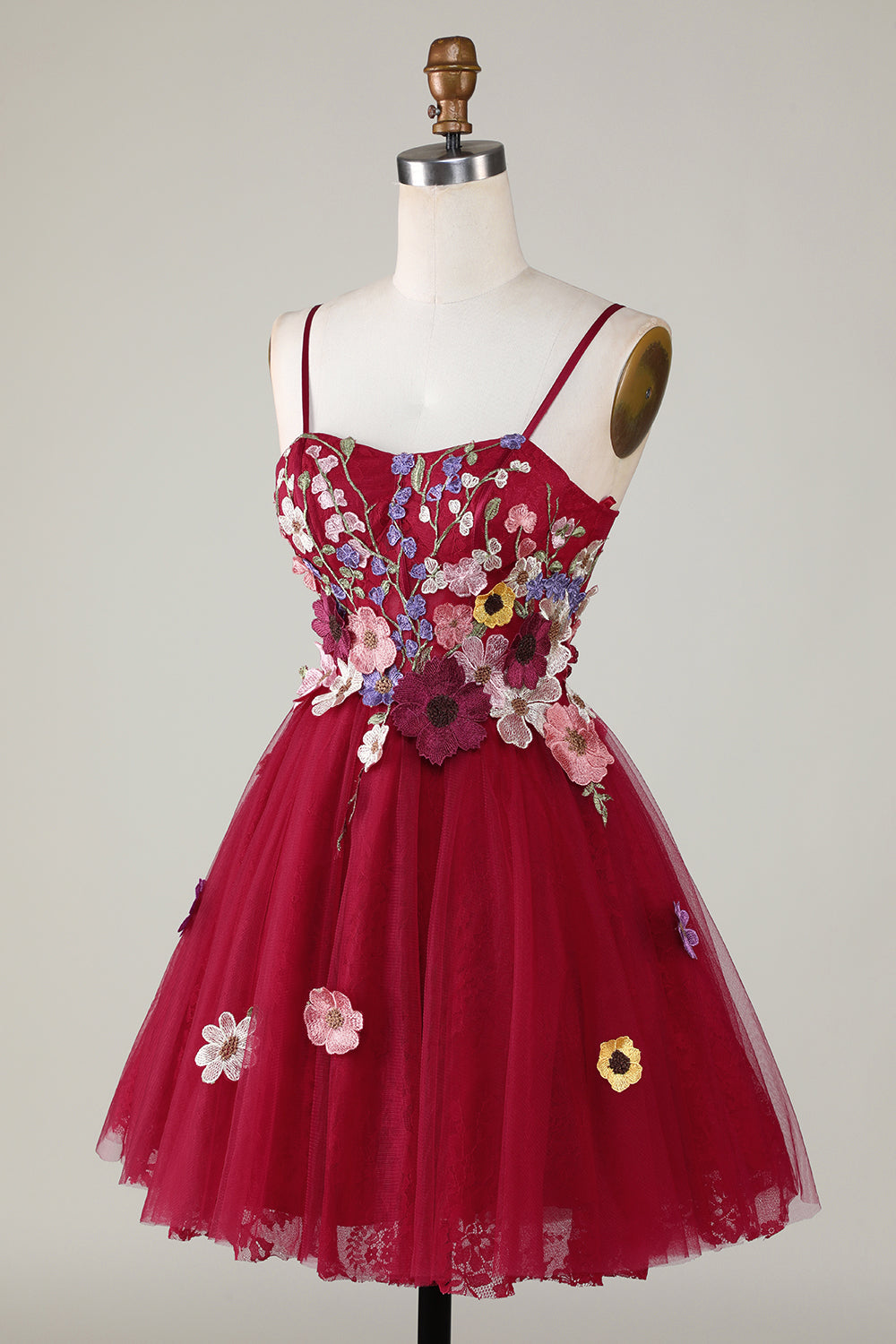 Gorgeous A Line Spaghetti Straps Burgundy Short Homecoming Dress With 3D Flowers Beautiful