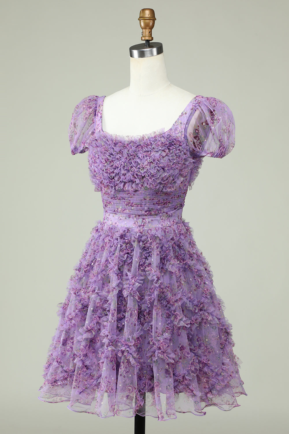 Floral Purple Homecoming Dress With Ruffles Short