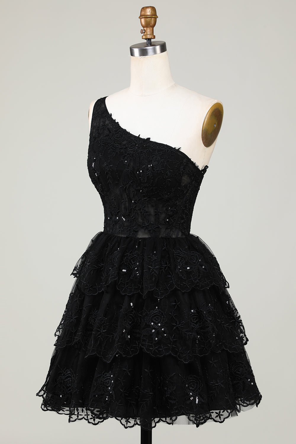 Glitter Black One Shoulder Homecoming Dress With Appliques Short