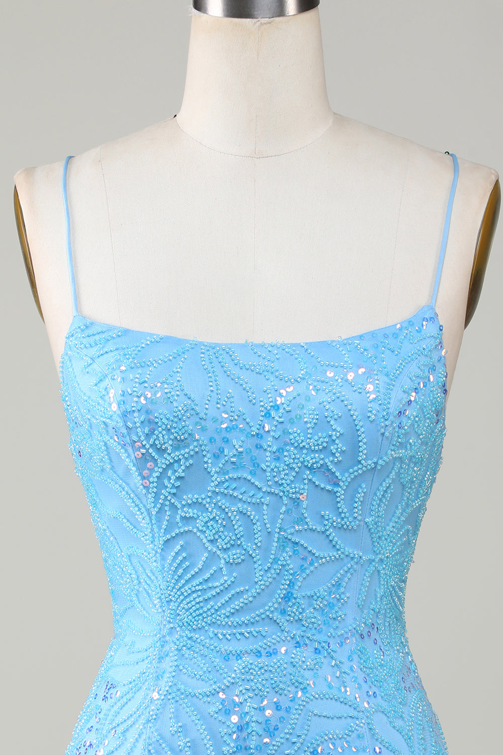 Sparkly Blue Spaghetti Straps Tight Short Homecoming Dress With Beading Sexy