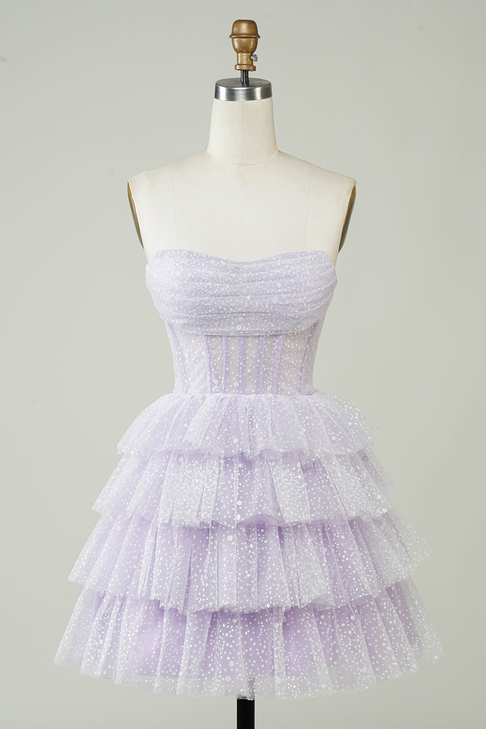 Lilac Corset Cute Tiered Sparkly Homecoming Dress With Ruffles Off Shoulder